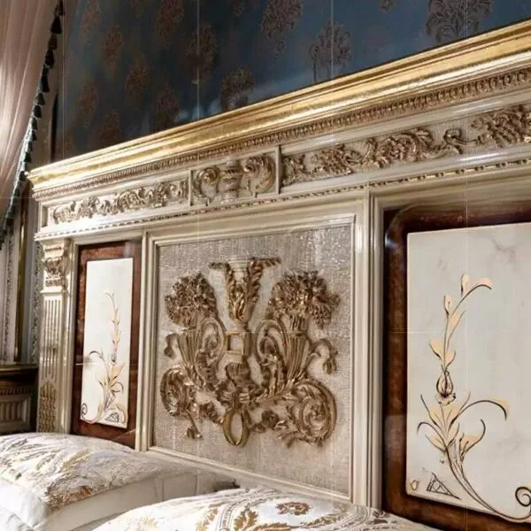 European Classical Solid Wood Carved Bed - Antique Finish - Image 3