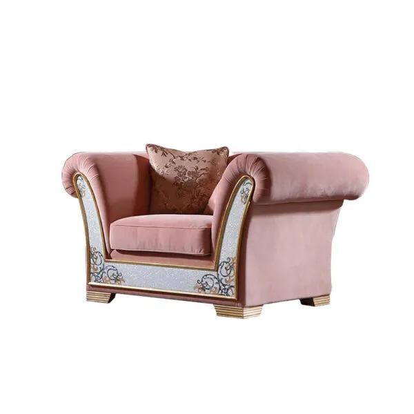 European Pink Velvet Sofa | Solid Wood & Shell Craft - Image 5