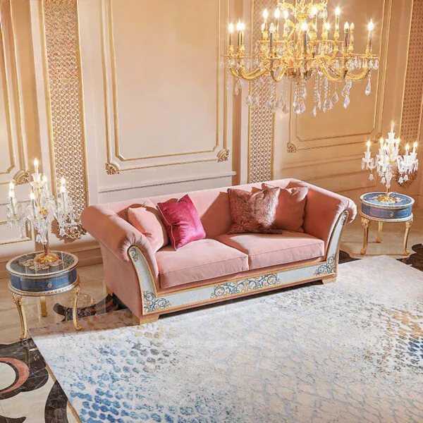 European Pink Velvet Sofa | Solid Wood & Shell Craft - Image 2