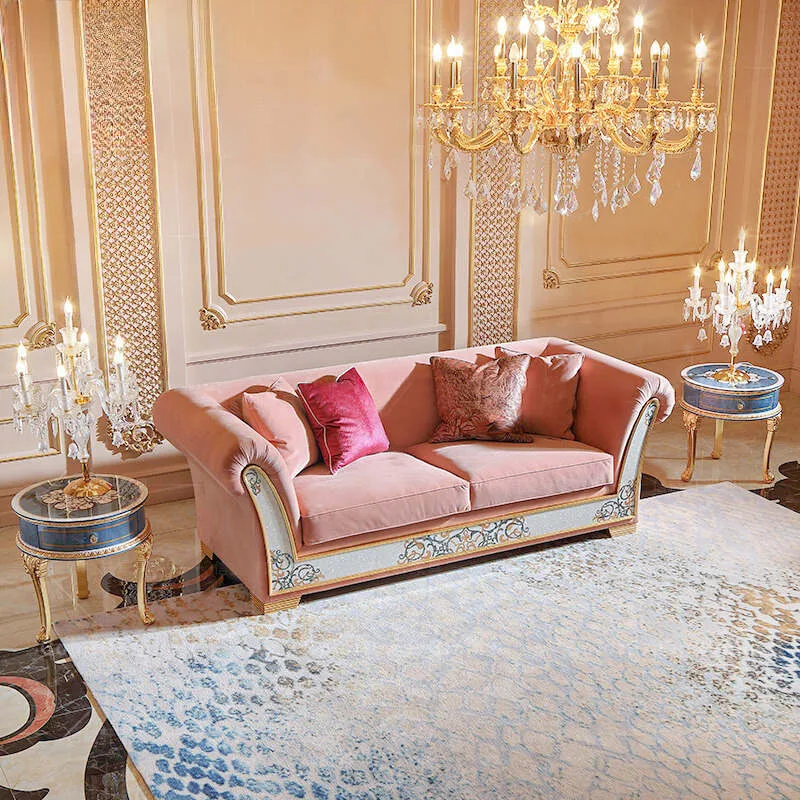 European Pink Velvet Sofa | Solid Wood & Shell Craft 9 blush pink sofa living room 10