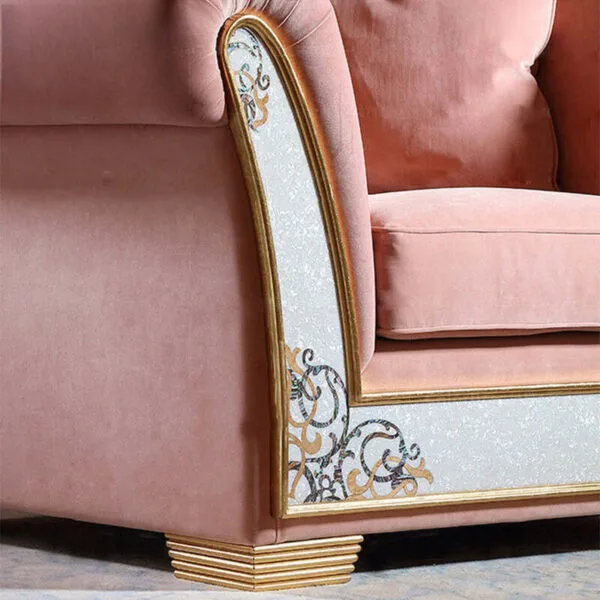 European Pink Velvet Sofa | Solid Wood & Shell Craft - Image 4