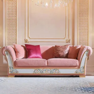 European Pink Velvet Sofa | Solid Wood & Shell Craft