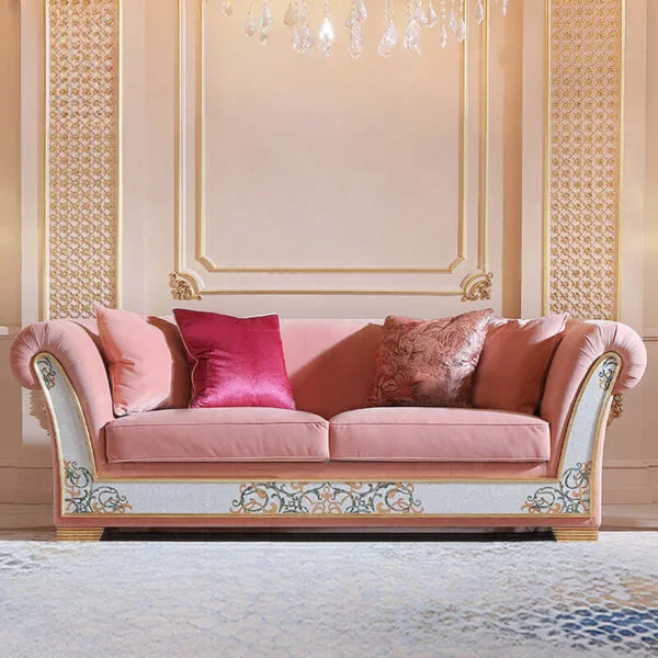 European Pink Velvet Sofa | Solid Wood & Shell Craft