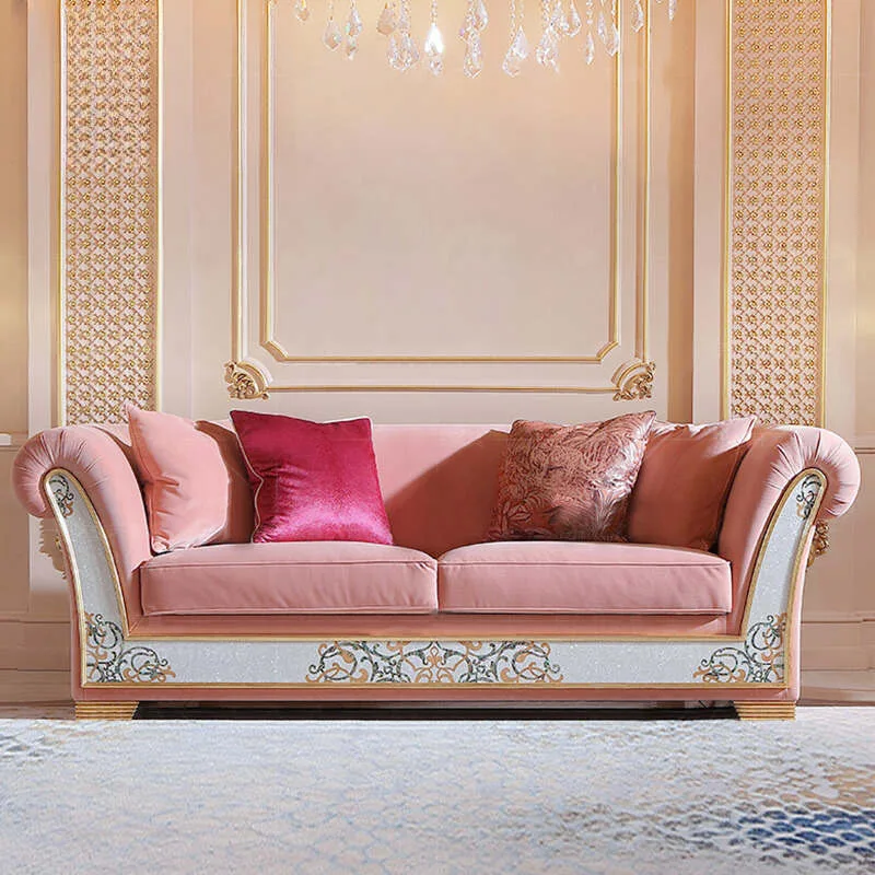 European Pink Velvet Sofa | Solid Wood & Shell Craft 12 European Pink Velvet Sofa | Solid Wood & Shell Craft