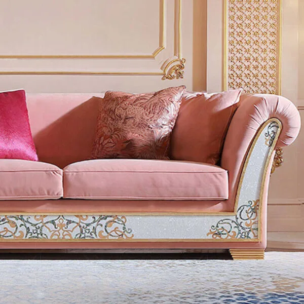 European Pink Velvet Sofa | Solid Wood & Shell Craft - Image 3