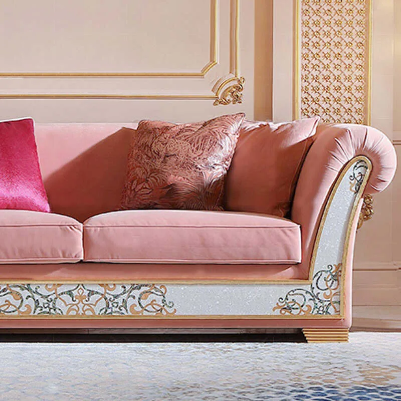 European Pink Velvet Sofa | Solid Wood & Shell Craft 10 blush pink sofa living room 7