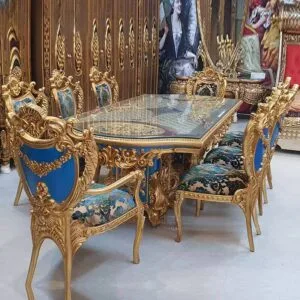Elegant Wood Blue Dining Table with Gold Leaf Accents