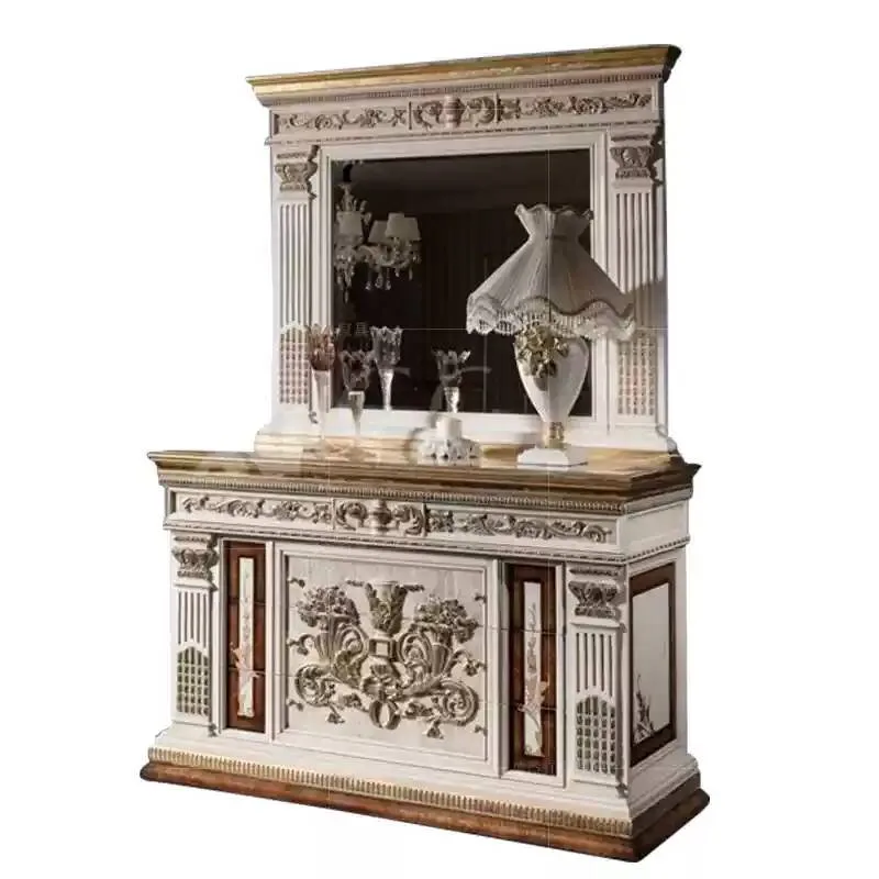European Classical Solid Wood Carved Bed - Antique Finish 11 dresser table