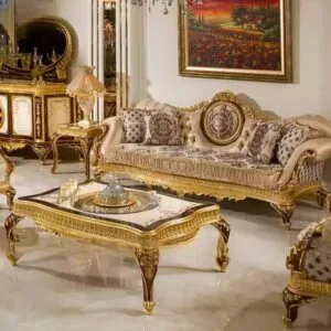 European Classical Carved Sofa | Gold Foil & Jacquard Fabric