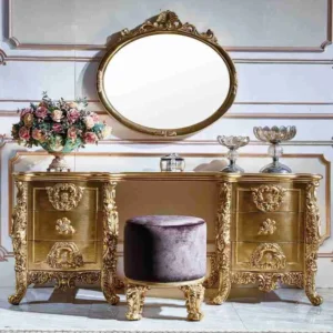 Elegant Vintage Wooden Dresser - Hand-Carved & Gold Accents