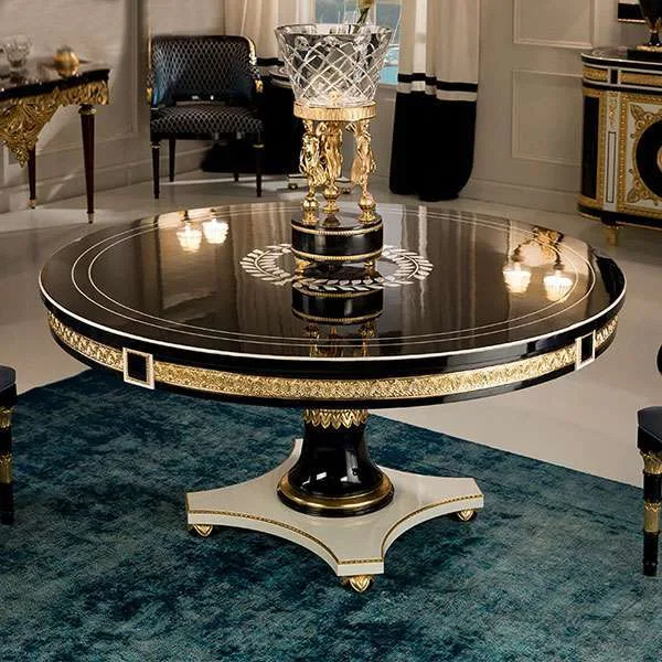 Luxurious Black Round Dining Set | European Elegance 8 Black Round Dining Set